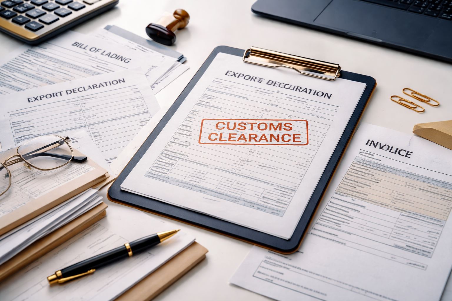 Ilustrasi ultra-realistic dokumen pengurusan transportasi bea cukai di meja kerja minimalis—form ekspor, invoice, dan bill of lading tersusun rapi untuk mencegah pengiriman tertahan.