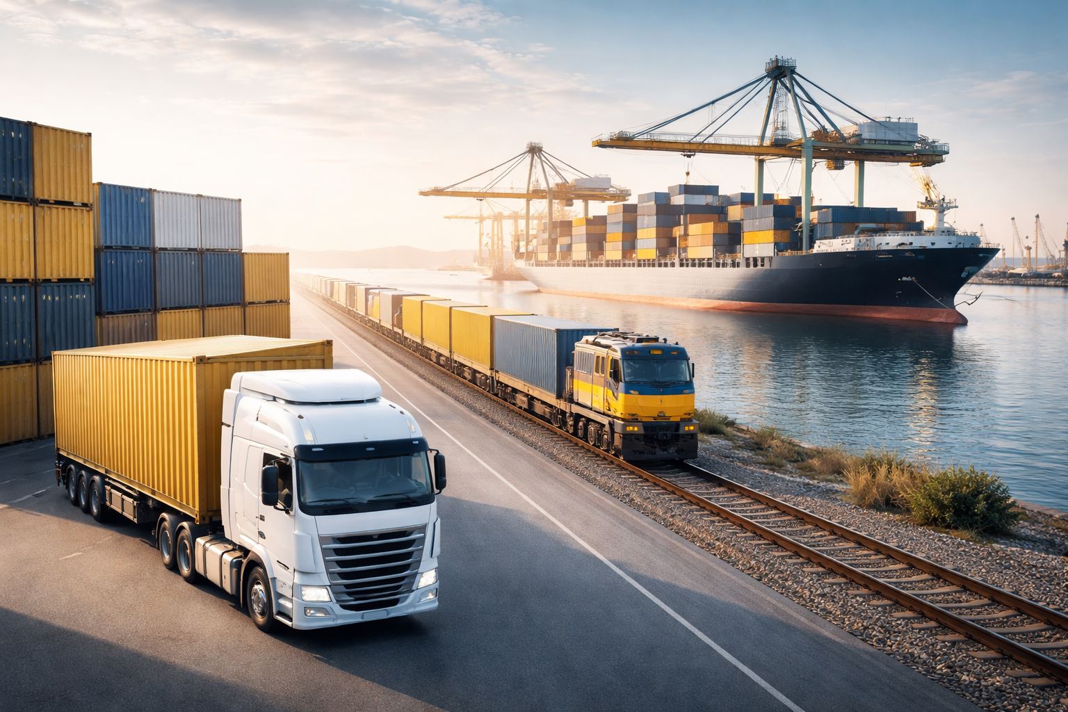 Contoh rute angkutan multimoda: truk kontainer terhubung ke kereta barang dan kapal kontainer di pelabuhan untuk pengiriman lintas wilayah yang efisien.