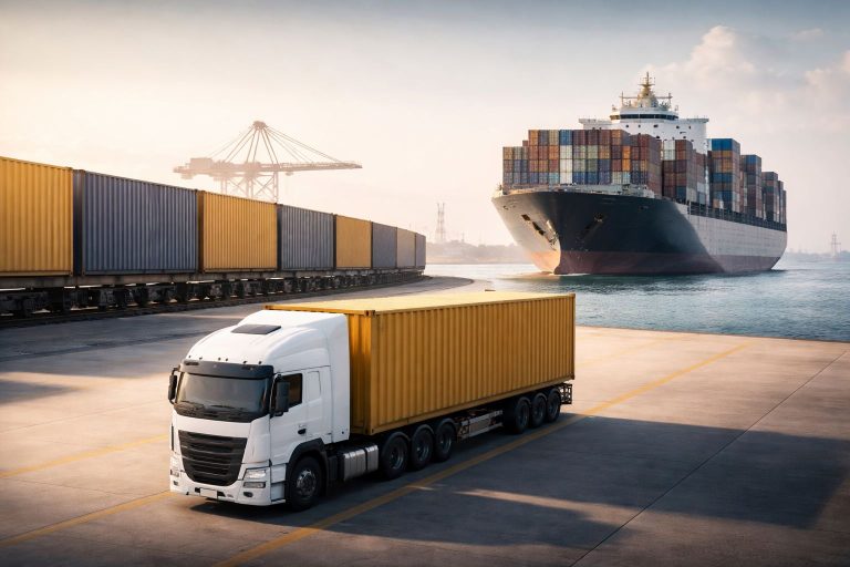 Ilustrasi kombinasi multimoda truk–kereta–kapal di pelabuhan untuk menunjukkan hemat biaya kombinasi multimoda dalam distribusi logistik yang efisien.