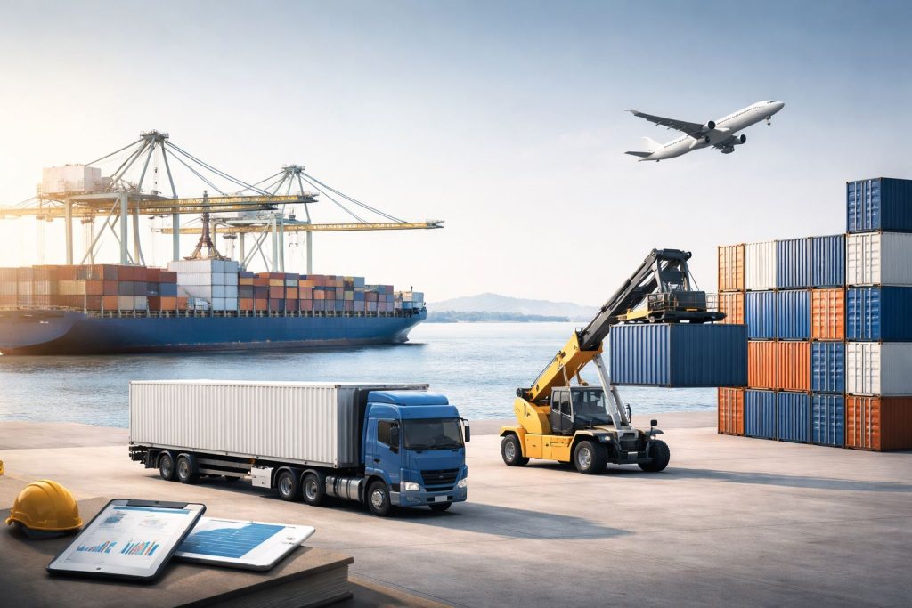 Ilustrasi kpi angkutan multimoda sederhana: pengukuran kinerja logistik terintegrasi di pelabuhan dengan kontainer, truk, dan kapal dalam suasana minimalis profesional.