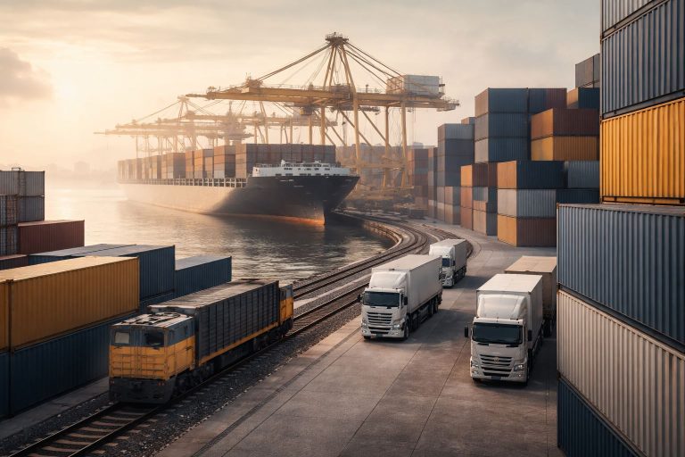 Ilustrasi ultra-realistis pelabuhan dan hub multimoda dengan antrean kontainer, truk, dan jalur rel yang menyorot risiko bottleneck pengiriman multimoda pada titik transshipment.