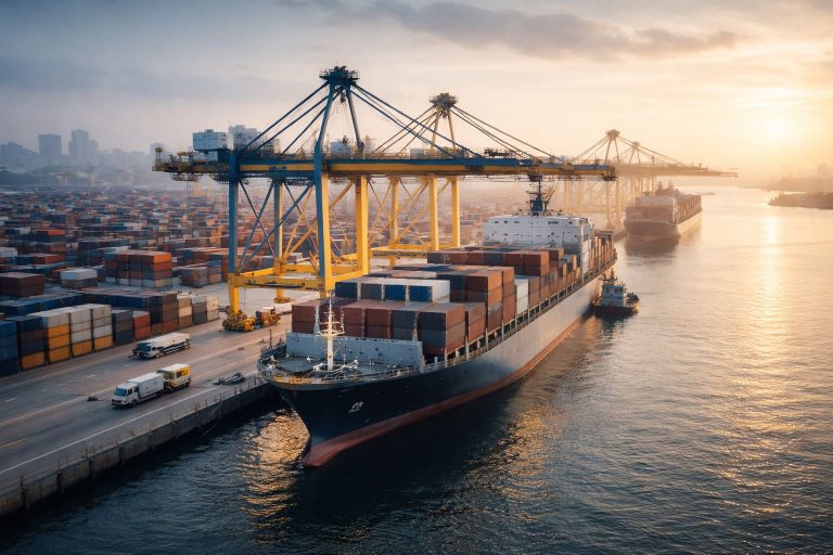 Kinerja pelabuhan muatan kapal: kapal kontainer sandar di dermaga dengan crane bongkar-muat dan tumpukan kontainer, menggambarkan efisiensi proses ekspedisi dan arus logistik di pelabuhan.