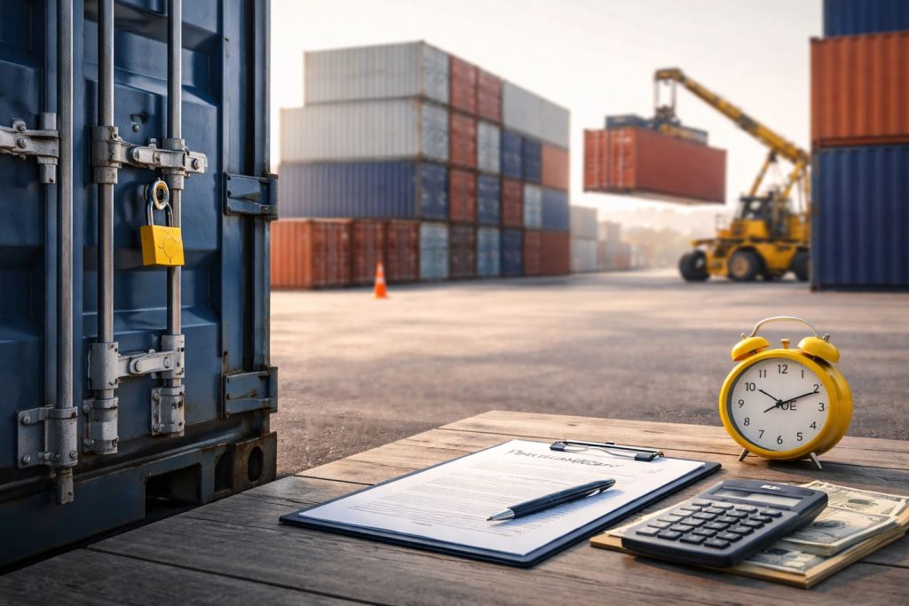 Ilustrasi demurrage detention denda kontainer di terminal peti kemas: kontainer terkunci, kalkulator dan dokumen biaya untuk simulasi hitung denda keterlambatan 7 hari.