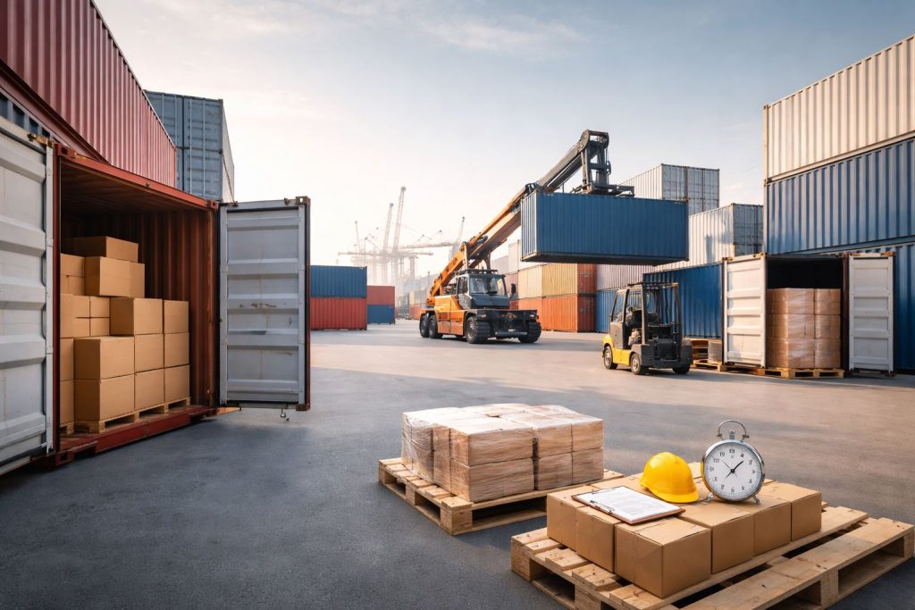 Ilustrasi proses durasi stuffing unstuffing kontainer di container yard: kontainer terbuka, pallet barang siap bongkar-muat, forklift dan reach stacker bekerja dengan pencahayaan lembut.