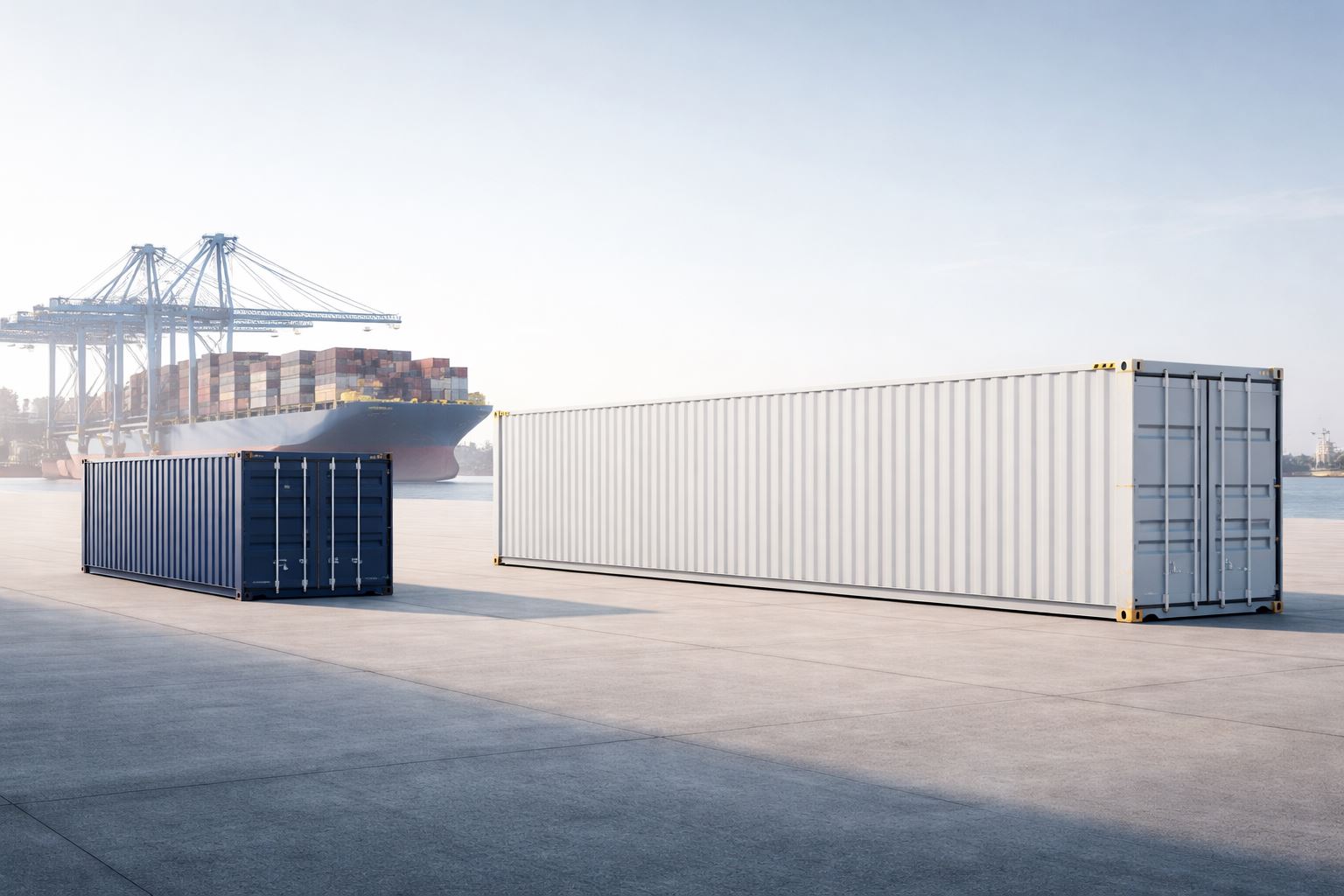 Perbandingan kapasitas kontainer 20ft dan 40ft di area pelabuhan modern dengan ilustrasi visual perbedaan dimensi dan volume muatan secara realistis.