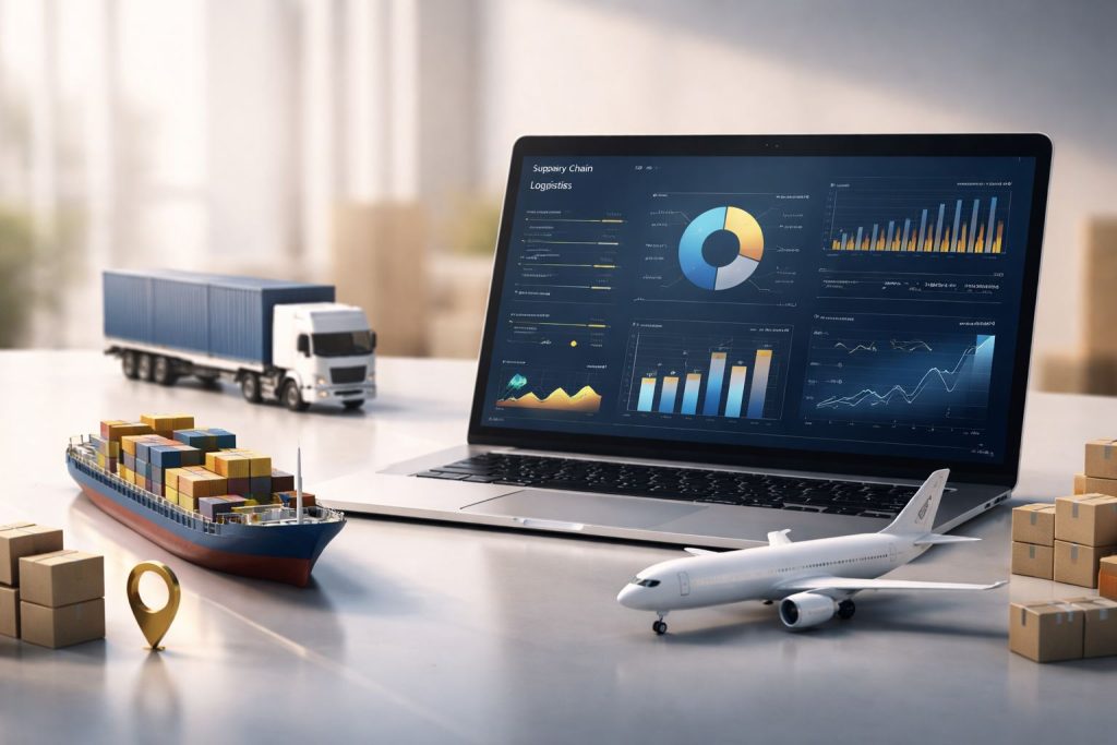 Visualisasi dashboard analitik untuk memantau komponen biaya logistik terintegrasi dalam sistem supply chain modern, menampilkan grafik performa distribusi multimoda secara minimalis dan profesional.