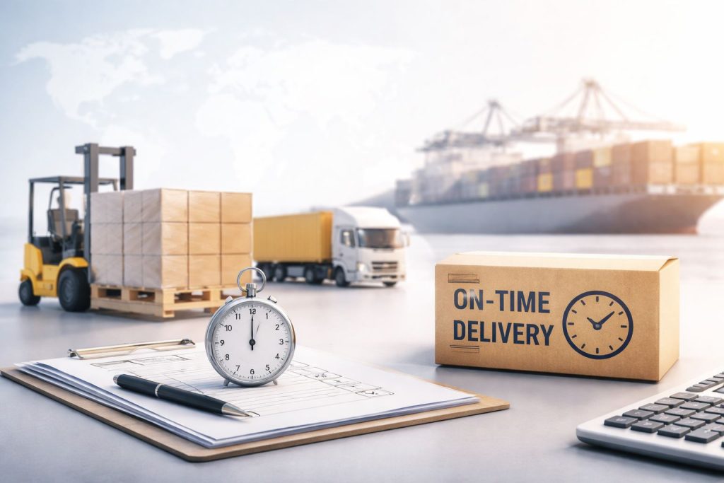Ilustrasi operasional logistik modern tanpa manusia dengan truk kontainer, paket pengiriman, dan jam sebagai simbol cara hitung on time delivery (OTD) untuk target operasional harian 95 persen.