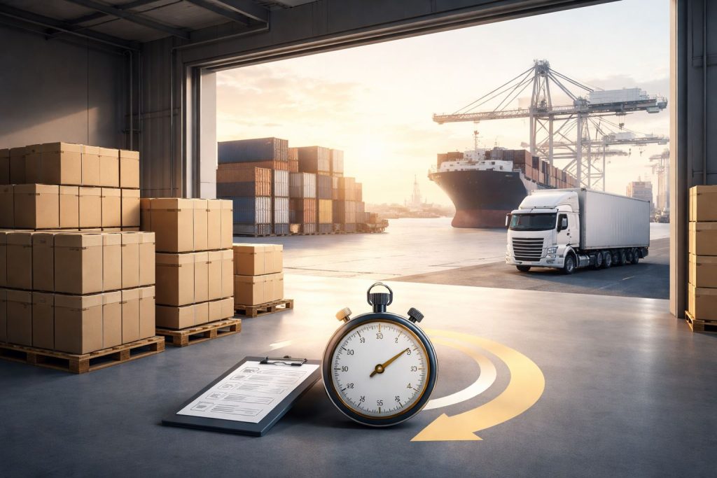 Ilustrasi proses hitung lead time end-to-end dari warehouse ke pelanggan dengan alur distribusi efisien dan pencahayaan profesional minimalis.