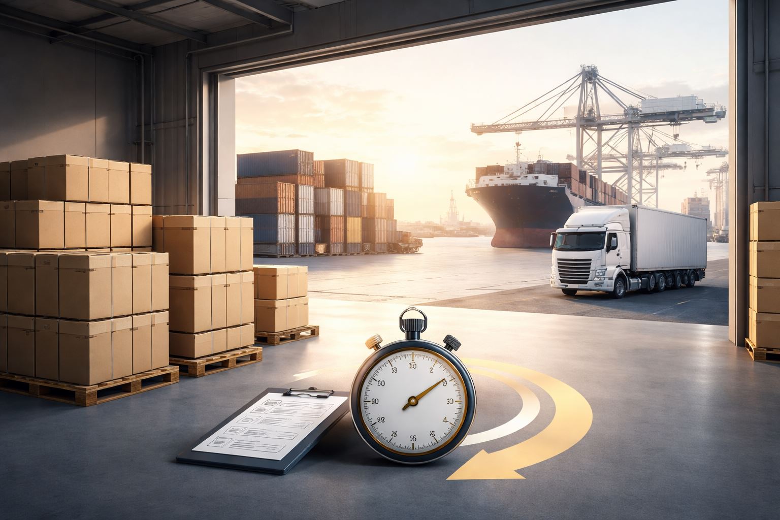 Ilustrasi proses hitung lead time end-to-end dari warehouse ke pelanggan dengan alur distribusi efisien dan pencahayaan profesional minimalis.