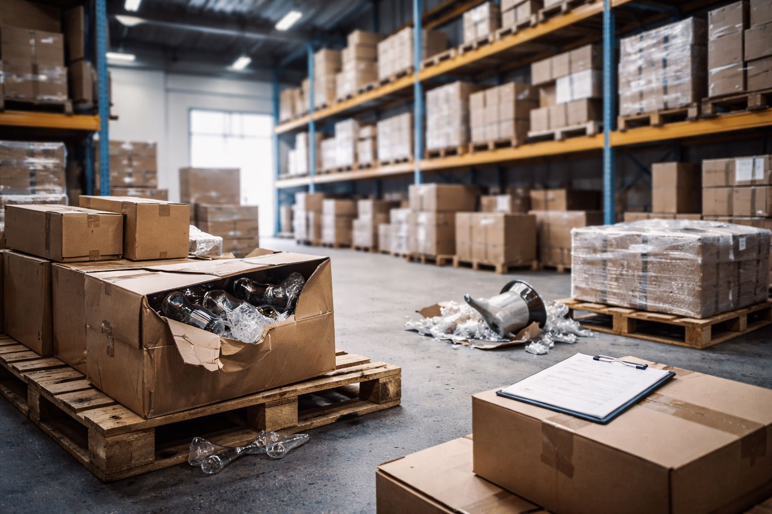 Ilustrasi statistik shrinkage kerusakan barang di gudang logistik dengan paket rusak dan proses kontrol kualitas pengiriman