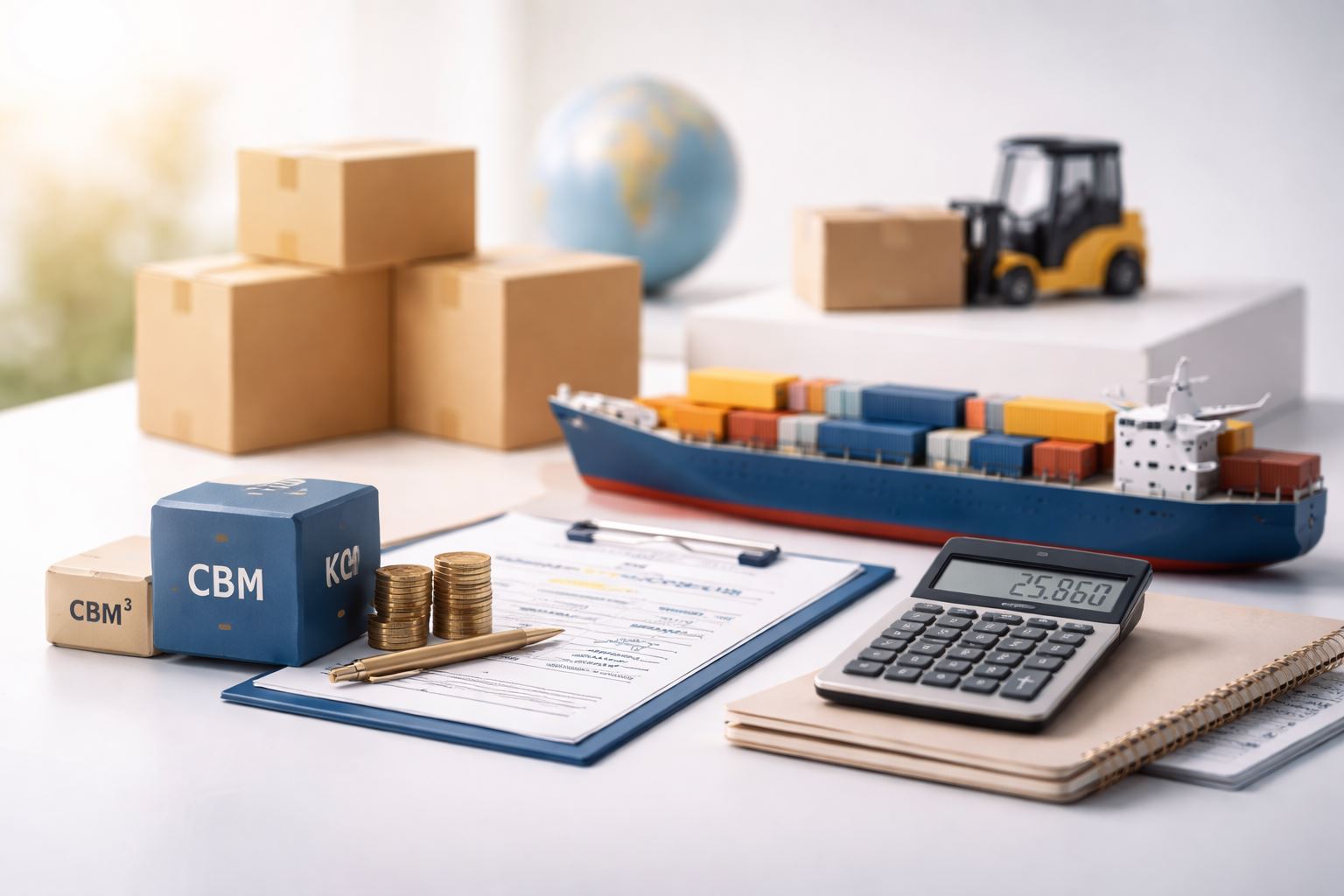 Ilustrasi perbandingan biaya per kg vs cbm pada pengiriman logistik dengan elemen kargo, kontainer, kalkulator, dan barang ekspedisi
