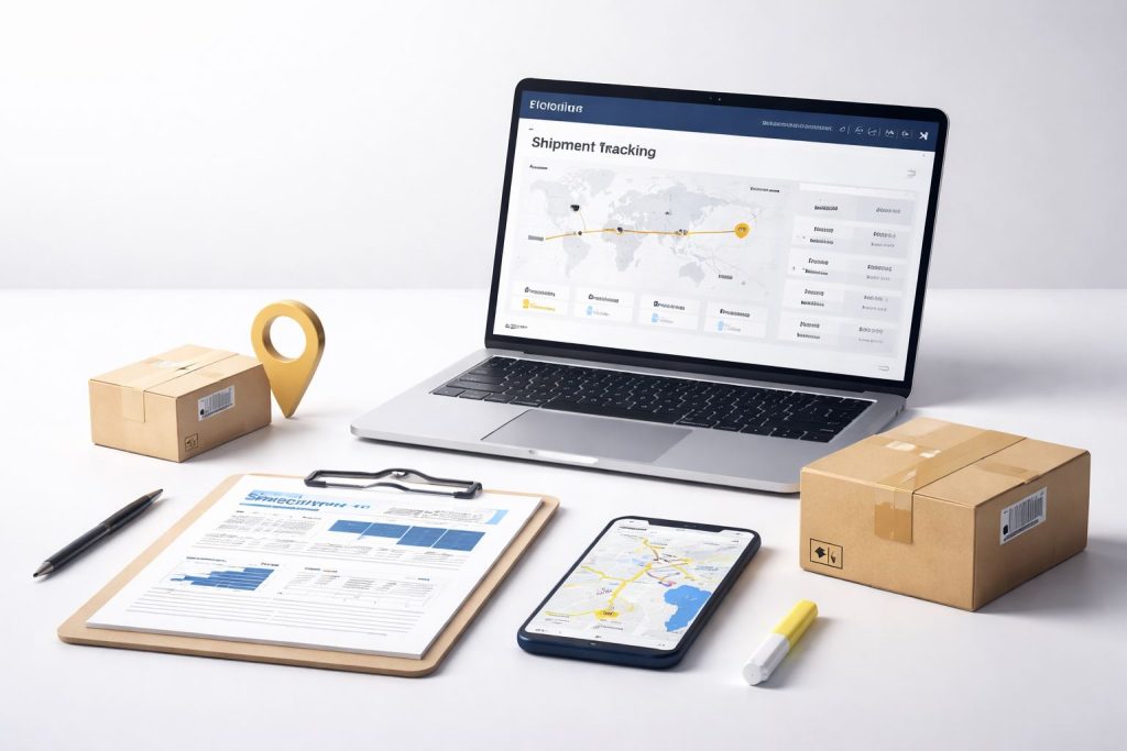 Data tracking pengiriman ETA POD dengan tampilan pelacakan logistik modern, lokasi kiriman, estimasi waktu tiba, dan laporan pengiriman mingguan