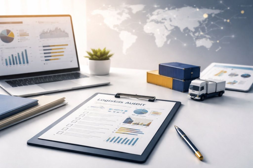 Ilustrasi audit kesiapan logistik terintegrasi dengan dashboard analisis, dokumen evaluasi, dan elemen rantai pasok modern dalam suasana profesional minimalis.