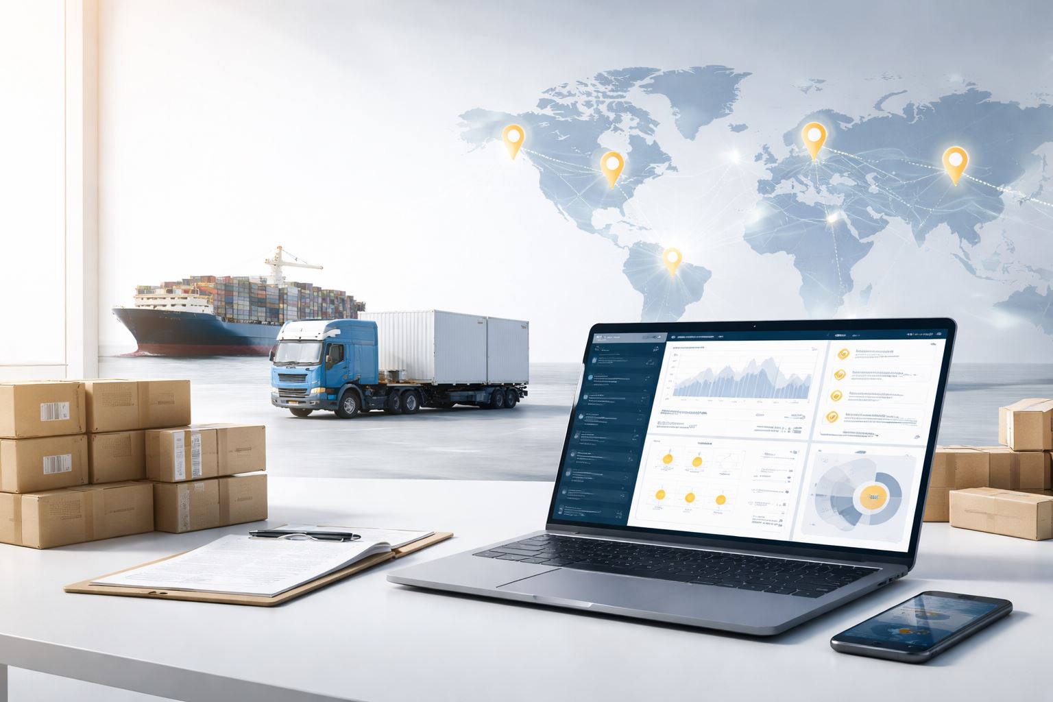 Ilustrasi jasa pengurusan transportasi digital dengan sistem logistik modern yang menekankan kecepatan dokumen, efisiensi distribusi, dan integrasi pengiriman multimoda