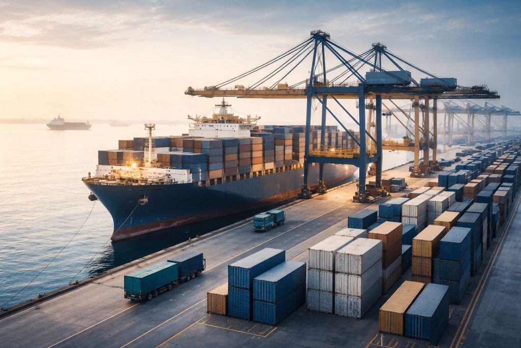 Ilustrasi ekspedisi muatan kapal efisien di pelabuhan modern dengan proses bongkar muat terukur, tertata rapi, dan mendukung kelancaran pengiriman laut