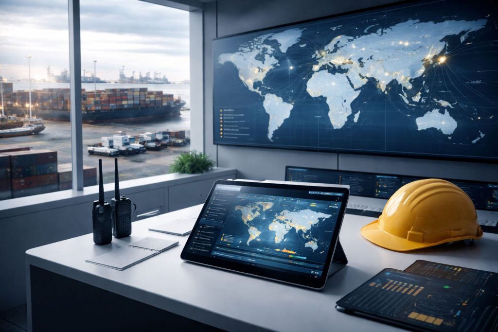 Ilustrasi real time visibility logistik dengan pemantauan end-to-end pengiriman barang secara digital dalam sistem rantai pasok modern