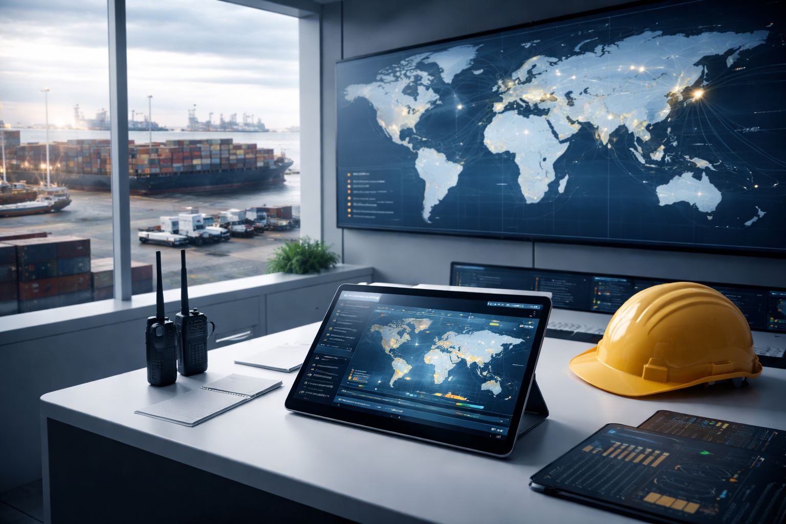 Ilustrasi real time visibility logistik dengan pemantauan end-to-end pengiriman barang secara digital dalam sistem rantai pasok modern