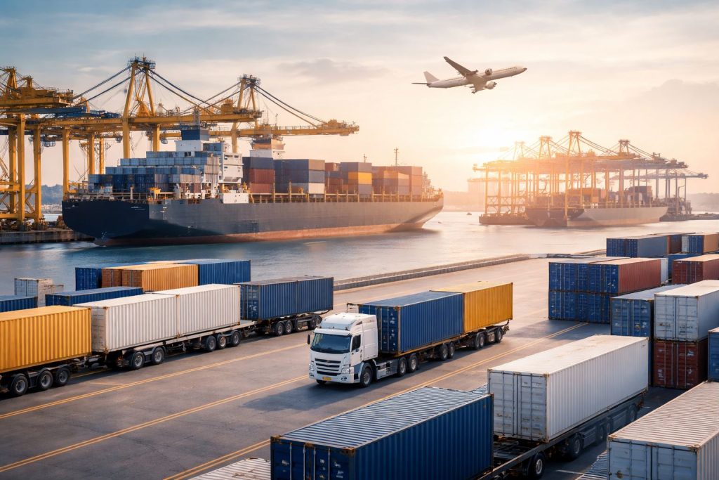 Ilustrasi angkutan multimoda distribusi internasional di kawasan pelabuhan modern dengan kontainer, truk logistik, kapal kargo, dan pesawat kargo dalam komposisi profesional yang minimalis.