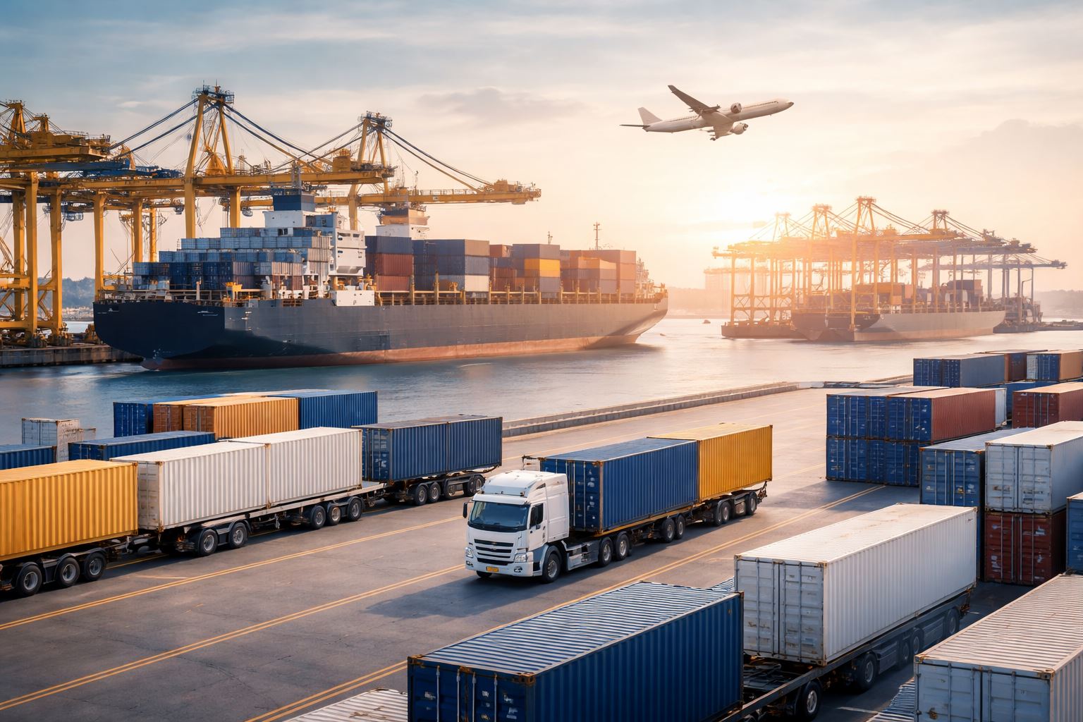 Ilustrasi angkutan multimoda distribusi internasional di kawasan pelabuhan modern dengan kontainer, truk logistik, kapal kargo, dan pesawat kargo dalam komposisi profesional yang minimalis.