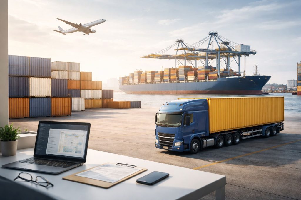 Ilustrasi mitra logistik terintegrasi bisnis dengan sistem distribusi modern, pengiriman multimoda, dan operasional rantai pasok yang efisien untuk mendukung pertumbuhan usaha