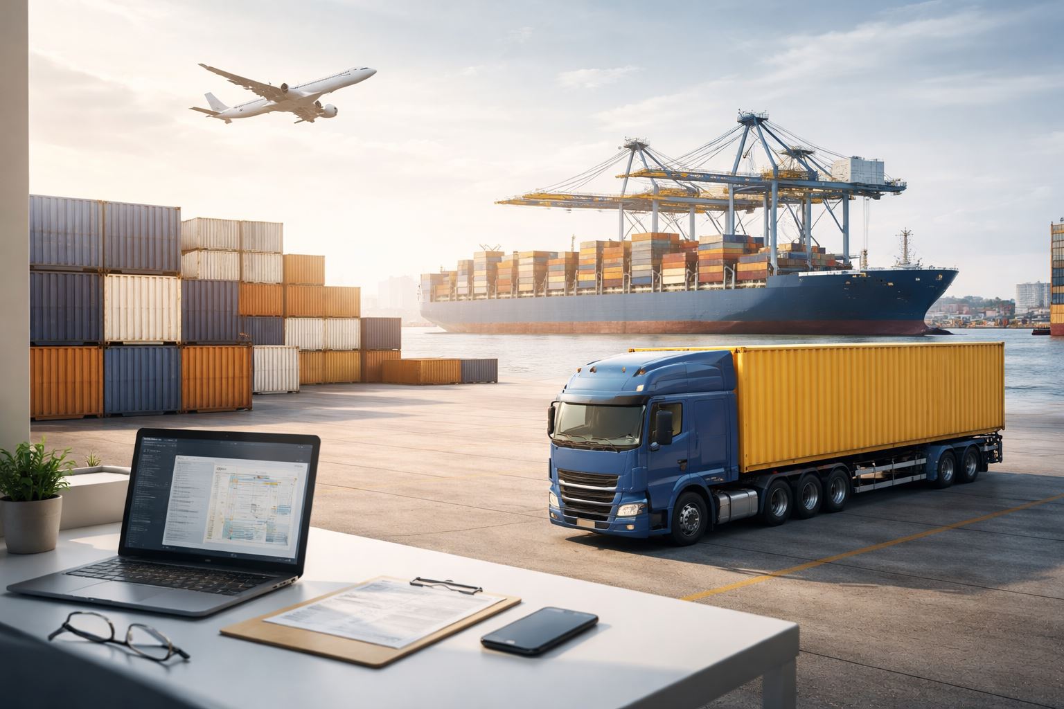 Ilustrasi mitra logistik terintegrasi bisnis dengan sistem distribusi modern, pengiriman multimoda, dan operasional rantai pasok yang efisien untuk mendukung pertumbuhan usaha