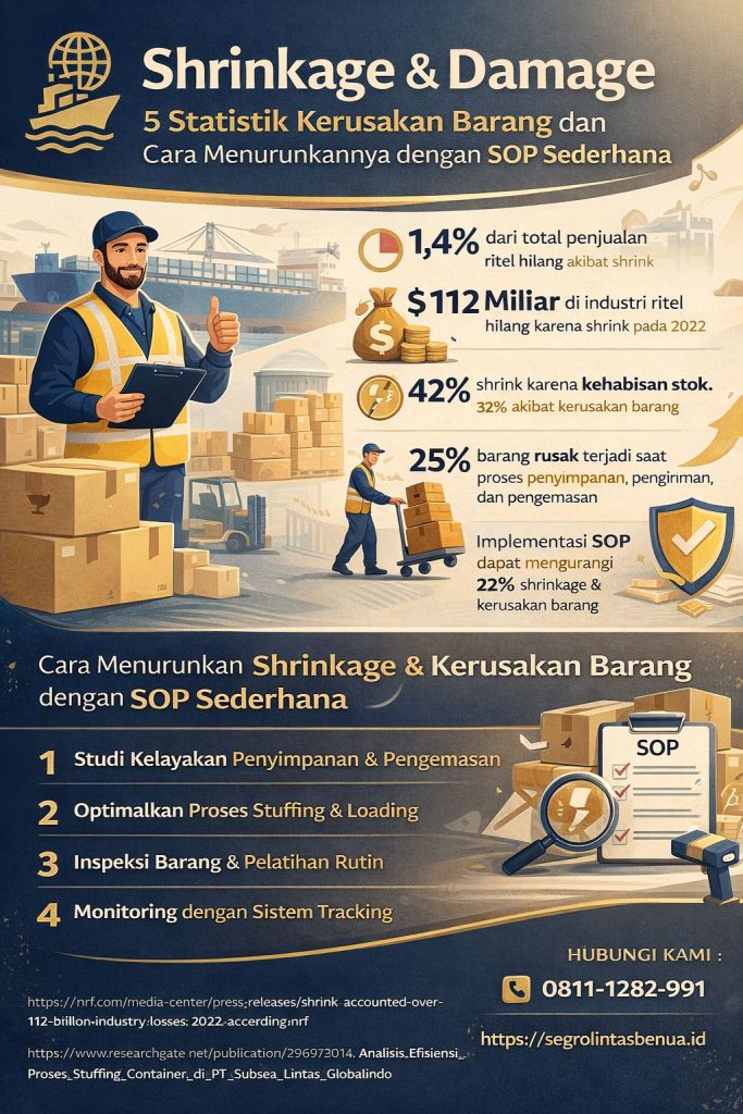 Infografis statistik shrinkage kerusakan barang yang menampilkan 5 data penting penyusutan dan kerusakan barang dalam proses logistik, pergudangan, pengiriman, serta langkah SOP sederhana untuk menurunkannya.