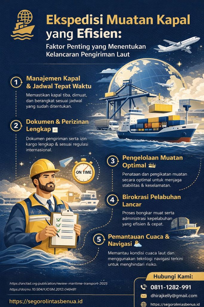Infografis ekspedisi muatan kapal efisien tentang faktor penting kelancaran pengiriman laut, meliputi jadwal kapal, dokumen, pengelolaan muatan, birokrasi pelabuhan, dan pemantauan cuaca.