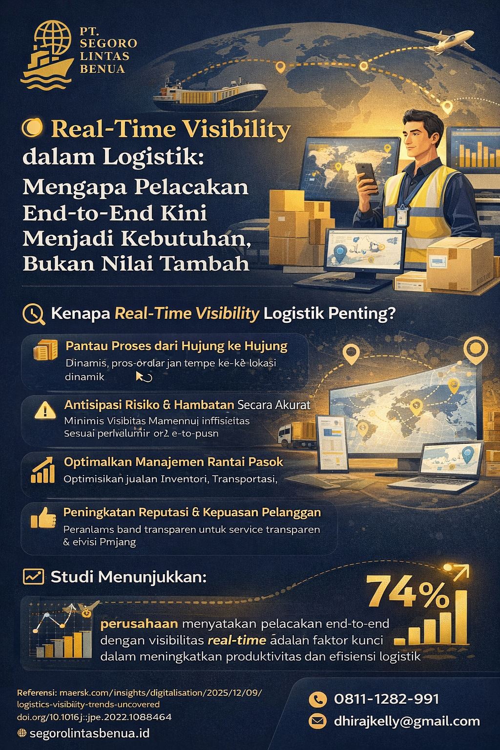 Infografis real time visibility logistik bertema biru emas yang menampilkan pelacakan end-to-end, kapal, pesawat, truk, dashboard digital, peta distribusi global, dan poin manfaat visibilitas rantai pasok modern.