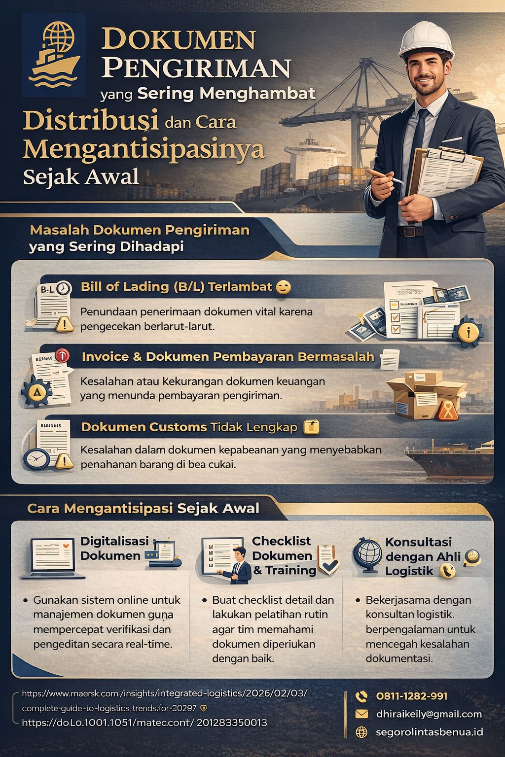 Infografis elegan tentang dokumen pengiriman distribusi barang yang sering menghambat proses logistik, mulai dari Bill of Lading, invoice, hingga dokumen customs, lengkap dengan cara antisipasi sejak awal untuk distribusi yang lebih lancar, cepat, dan efisien.