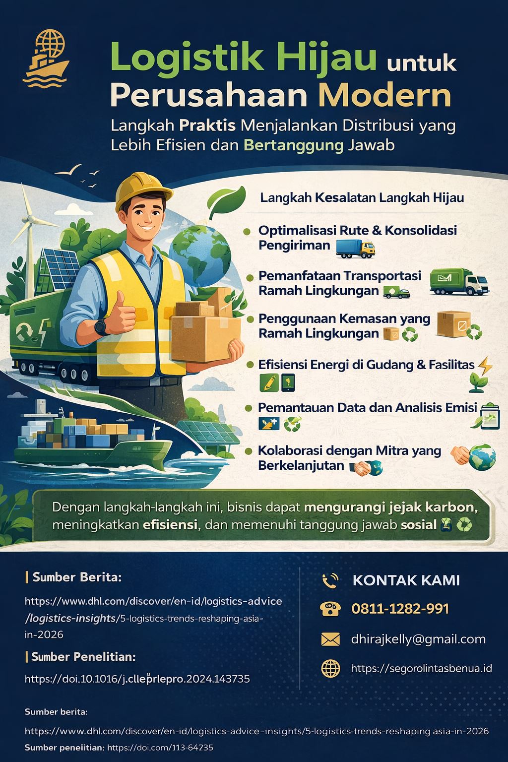 Infografis logistik hijau perusahaan modern dari PT Segoro Lintas Benua yang menampilkan langkah praktis distribusi efisien dan bertanggung jawab, mulai dari optimasi rute, transportasi ramah lingkungan, kemasan berkelanjutan, efisiensi energi, hingga analisis emisi.