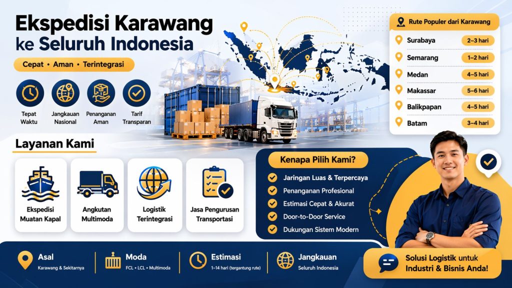 Infografis jasa ekspedisi Karawang Indonesia menampilkan rute pengiriman populer, estimasi tarif kontainer 2026, serta ilustrasi distribusi logistik modern antar pulau secara efisien dan terintegrasi.