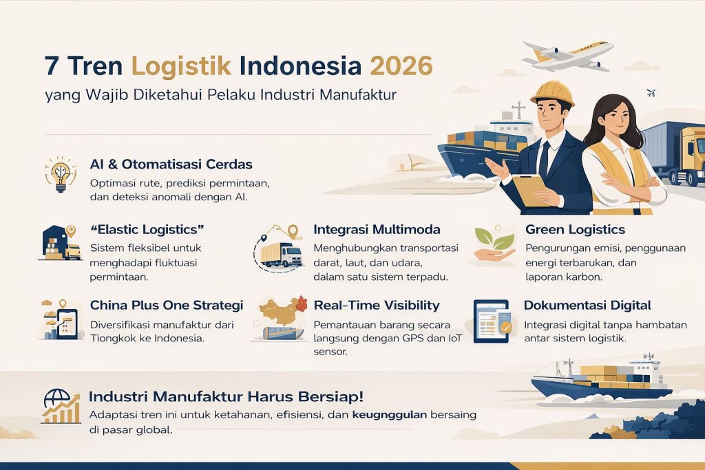 Infografis tren logistik Indonesia 2026 menampilkan AI, multimoda, green logistics, dan digitalisasi rantai pasok modern