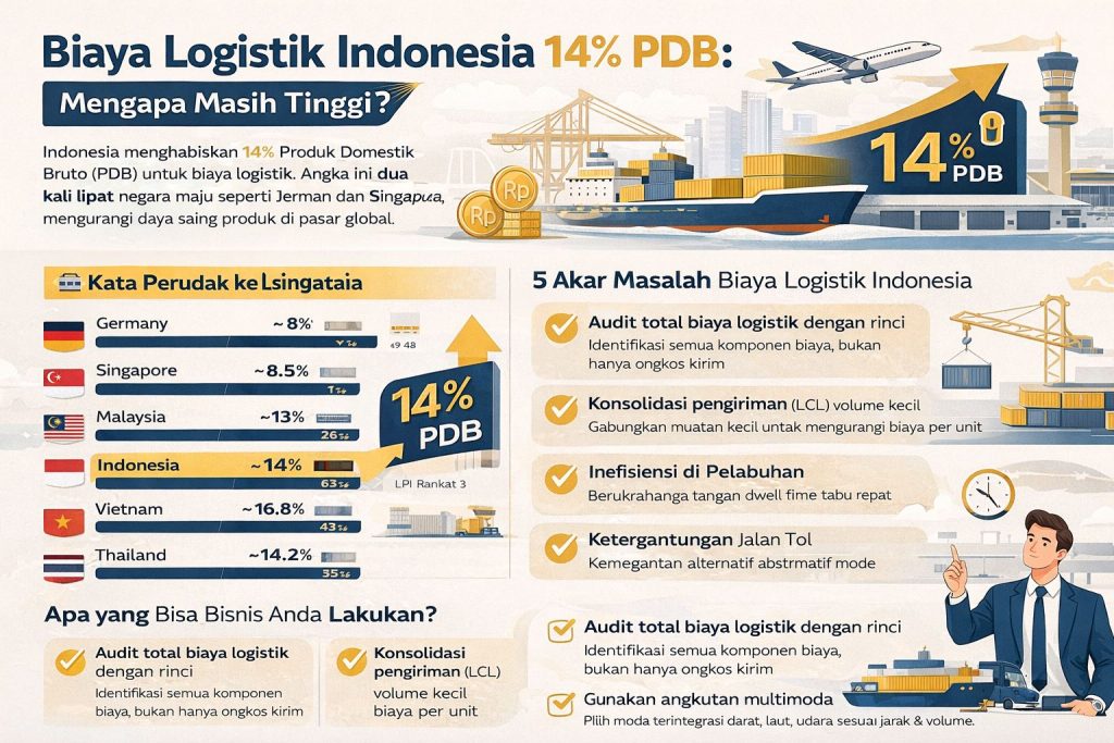 Infografis biaya logistik Indonesia PDB 14 persen yang menampilkan perbandingan global, akar masalah, dan strategi efisiensi logistik bisnis modern