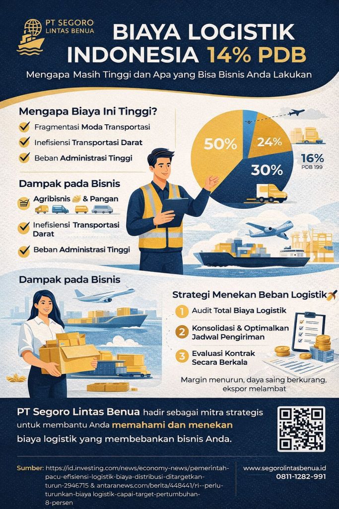 Infografis biaya logistik Indonesia PDB 14 persen yang menjelaskan penyebab tingginya biaya distribusi, dampaknya bagi bisnis, serta strategi efisiensi logistik modern di Indonesia