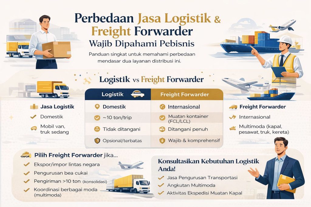 Infografis perbedaan jasa logistik dan freight forwarder untuk bisnis ekspor impor modern dengan ilustrasi transportasi multimoda