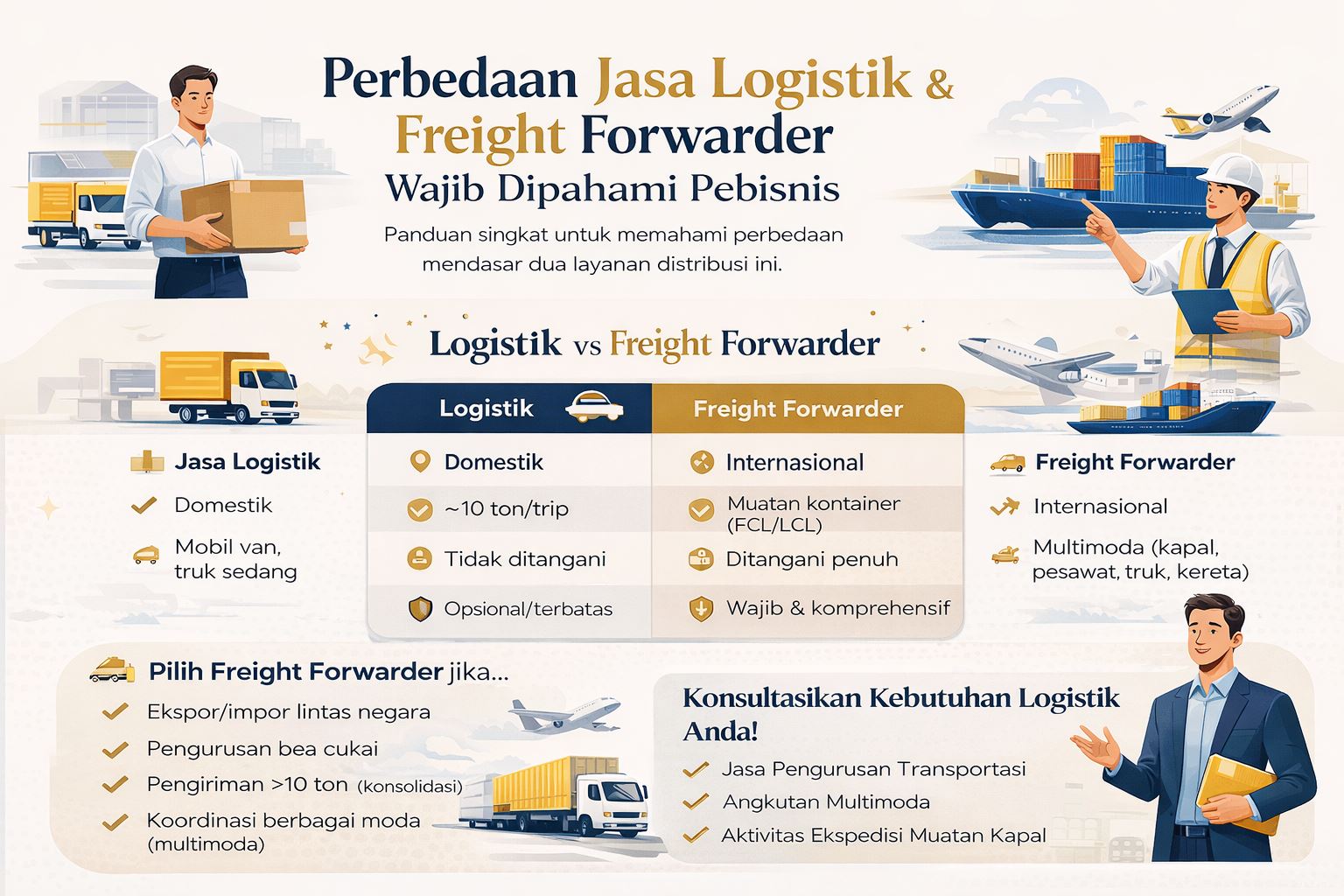 Infografis perbedaan jasa logistik dan freight forwarder untuk bisnis ekspor impor modern dengan ilustrasi transportasi multimoda