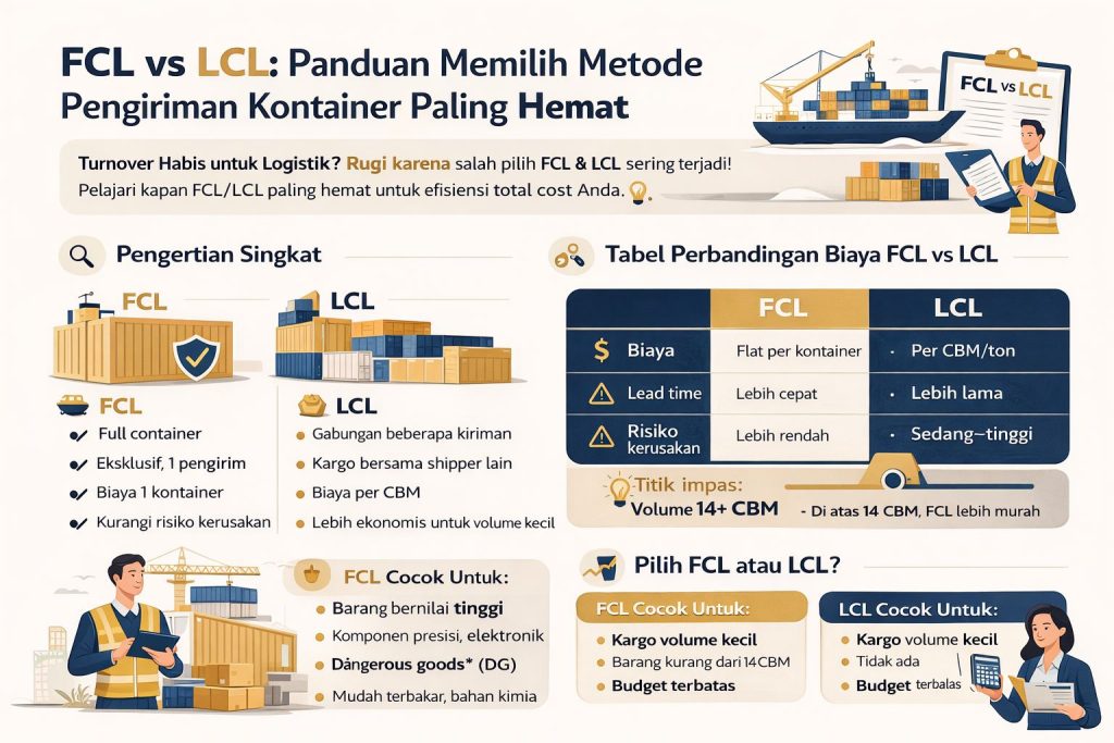 Infografis FCL vs LCL yang menjelaskan perbedaan metode pengiriman kontainer, biaya, risiko, dan kapan memilih FCL atau LCL untuk efisiensi logistik