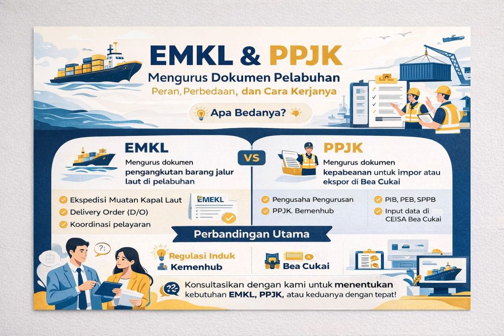 Infografis perbedaan EMKL dan PPJK dalam pengurusan dokumen pelabuhan, menampilkan peran, fungsi, serta alur kerja logistik dan kepabeanan di Indonesia secara visual dan modern.