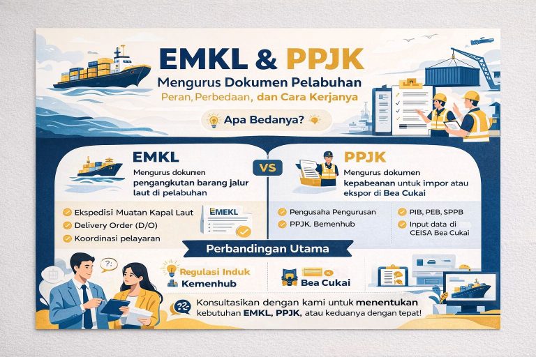 Infografis perbedaan EMKL dan PPJK dalam pengurusan dokumen pelabuhan, menampilkan peran, fungsi, serta alur kerja logistik dan kepabeanan di Indonesia secara visual dan modern.