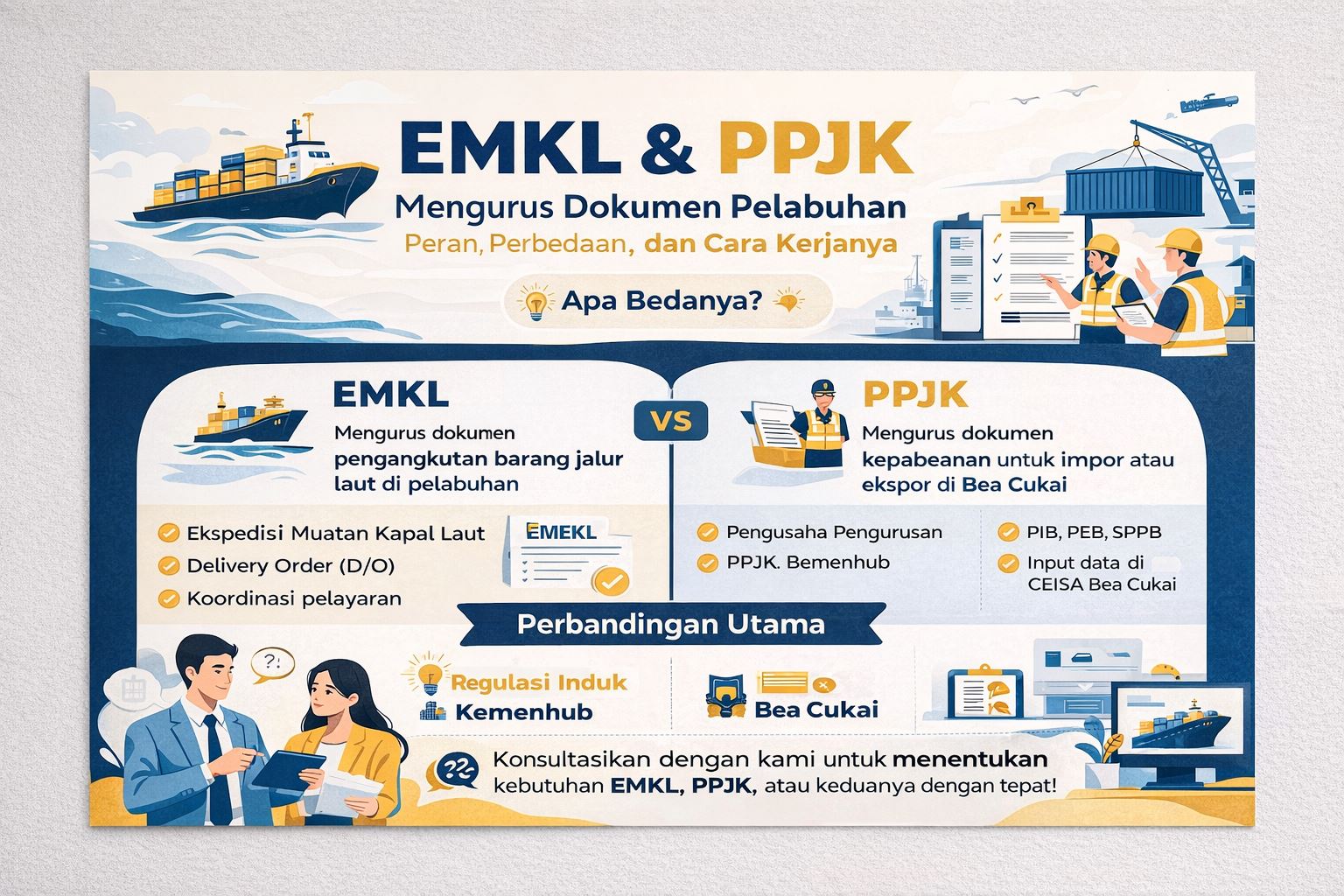Infografis perbedaan EMKL dan PPJK dalam pengurusan dokumen pelabuhan, menampilkan peran, fungsi, serta alur kerja logistik dan kepabeanan di Indonesia secara visual dan modern.