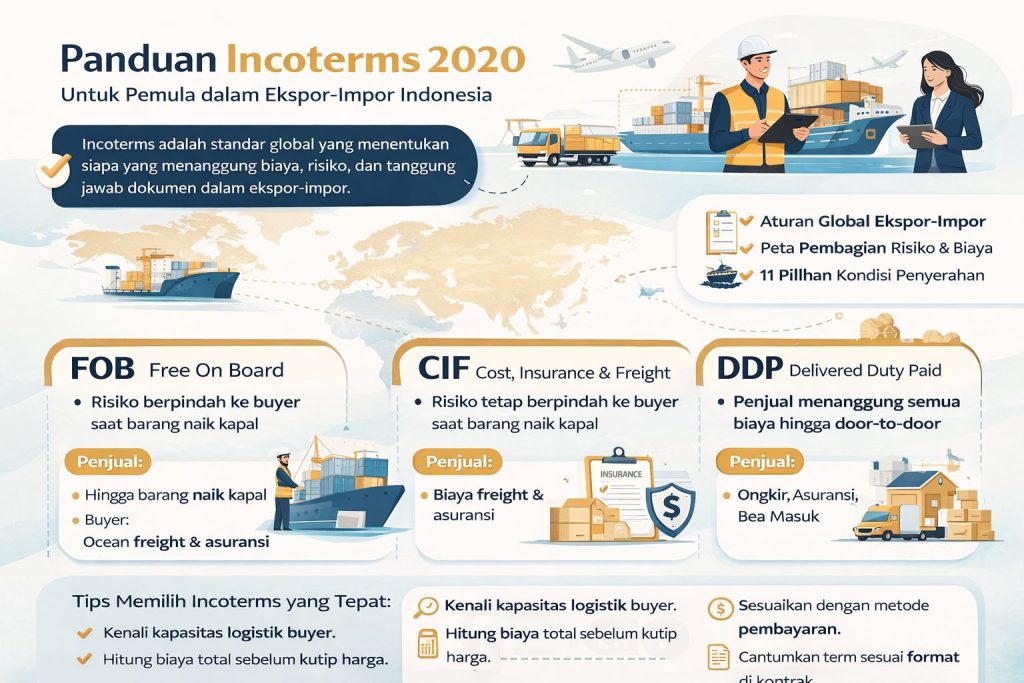 Infografis incoterms 2020 ekspor impor Indonesia menjelaskan perbedaan FOB CIF DDP secara visual dan mudah dipahami untuk pemula bisnis global
