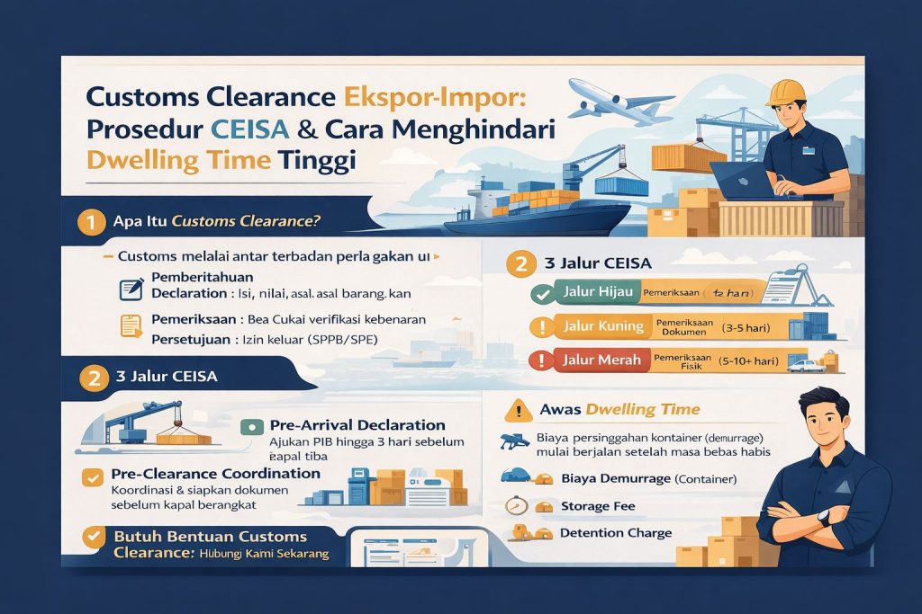Infografis customs clearance ekspor impor yang menjelaskan prosedur CEISA, jalur hijau kuning merah, serta strategi menghindari dwelling time tinggi secara visual modern