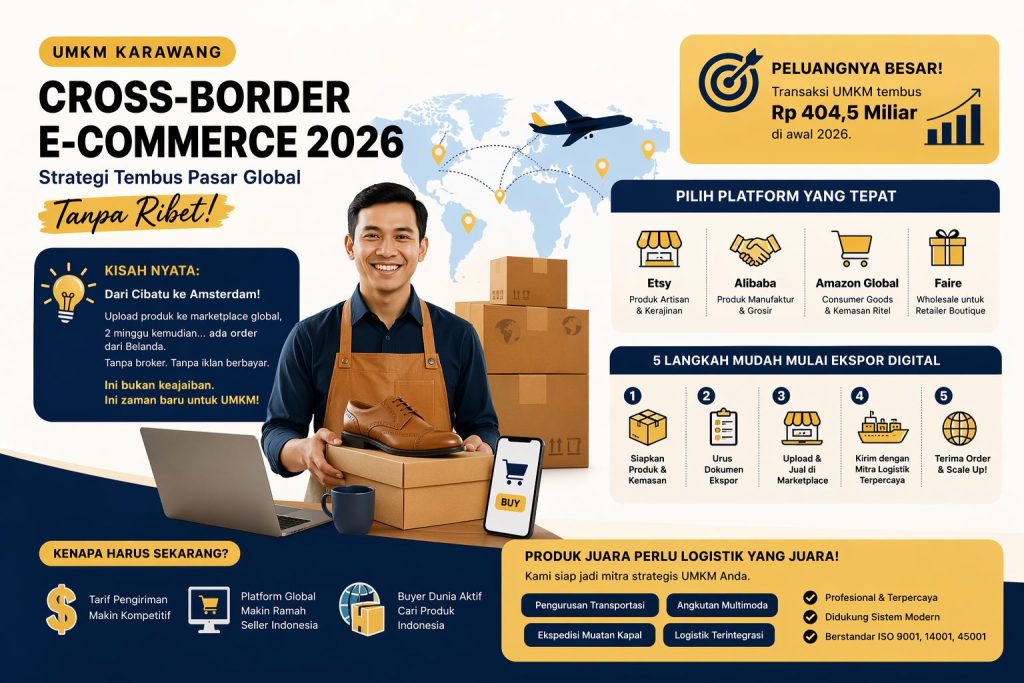 Infografis cross border e-commerce UMKM Indonesia yang menampilkan strategi ekspor digital, logistik global, dan peluang pasar internasional bagi pelaku usaha lokal.