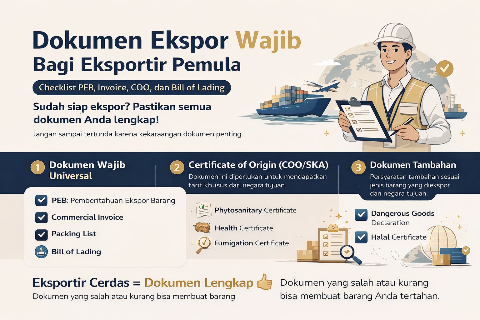 Infografis checklist dokumen ekspor barang Indonesia meliputi PEB, invoice, COO, dan bill of lading untuk eksportir pemula