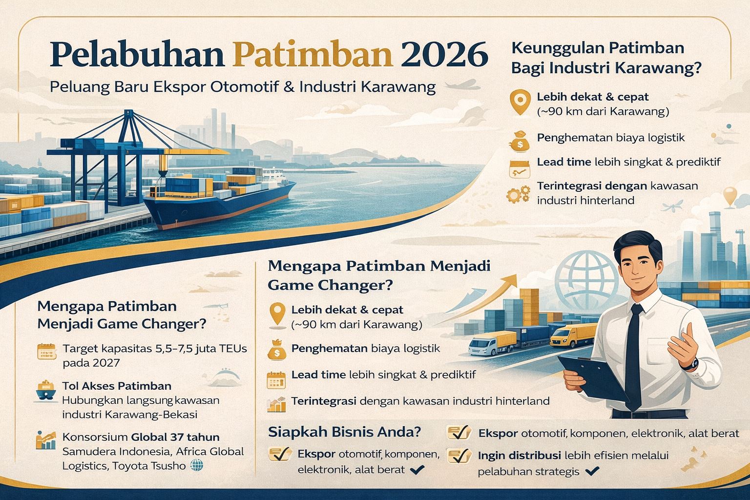 Infografis pelabuhan Patimban ekspor Karawang yang menampilkan keunggulan logistik, efisiensi biaya, dan percepatan distribusi industri otomotif Jawa Barat.