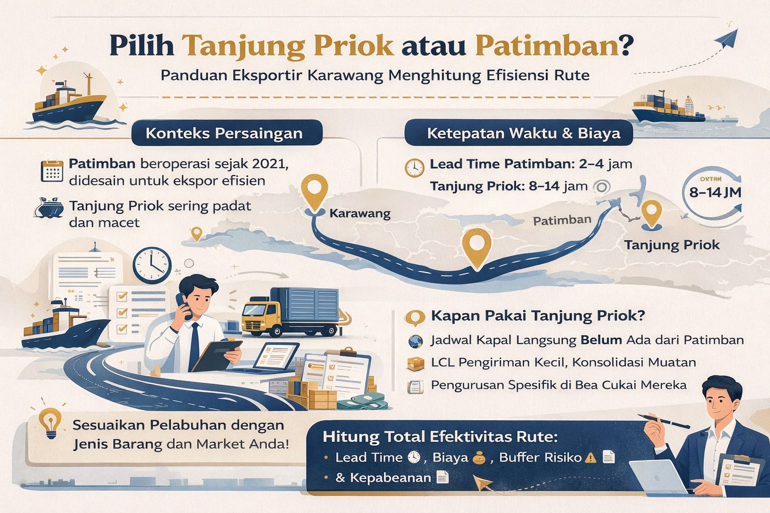 Infografis perbandingan Patimban vs Tanjung Priok untuk eksportir Karawang dalam menghitung efisiensi rute logistik, biaya trucking, dan lead time pengiriman