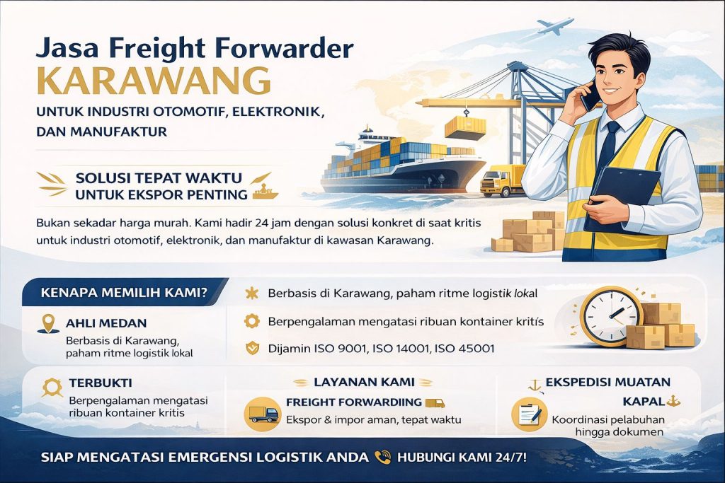 Infografis jasa freight forwarder Karawang untuk industri otomotif, elektronik, dan manufaktur dengan solusi logistik cepat, profesional, dan terintegrasi.
