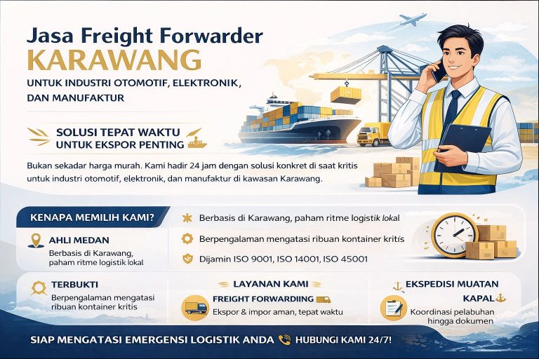 Infografis jasa freight forwarder Karawang untuk industri otomotif, elektronik, dan manufaktur dengan solusi logistik cepat, profesional, dan terintegrasi.