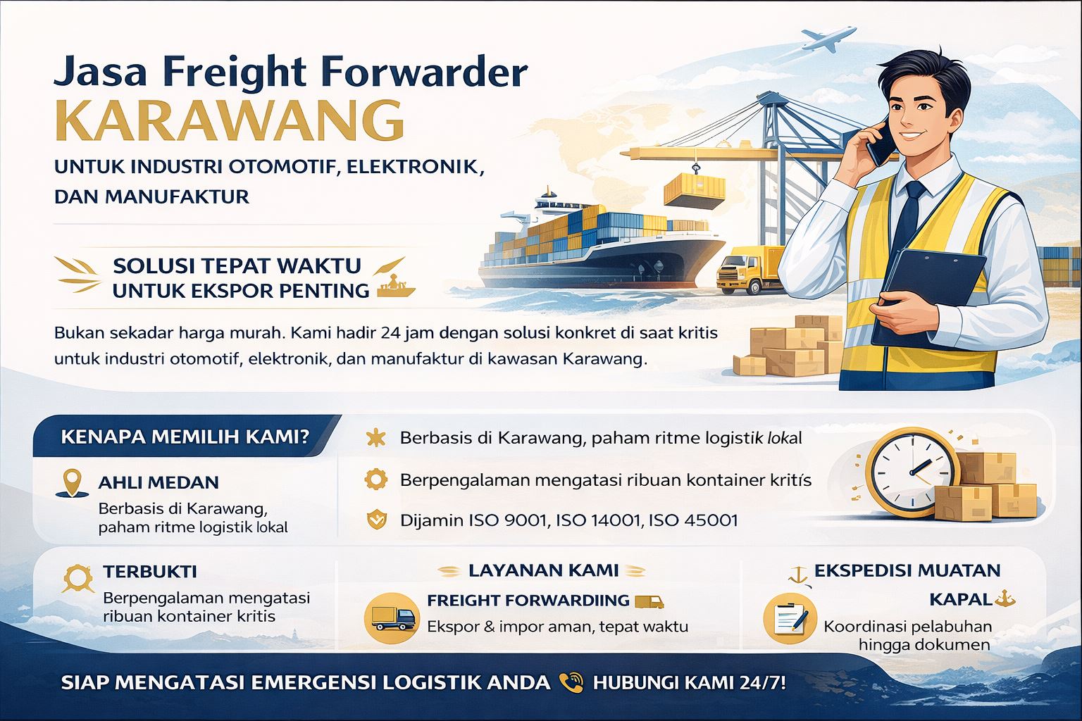 Infografis jasa freight forwarder Karawang untuk industri otomotif, elektronik, dan manufaktur dengan solusi logistik cepat, profesional, dan terintegrasi.
