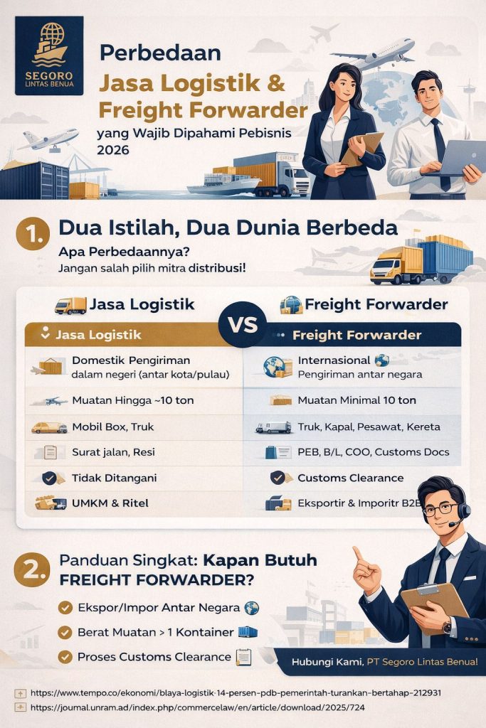 Infografis perbedaan jasa logistik dan freight forwarder lengkap dengan tabel perbandingan, ilustrasi pengiriman domestik dan internasional, serta panduan memilih layanan logistik terbaik untuk bisnis ekspor impor.